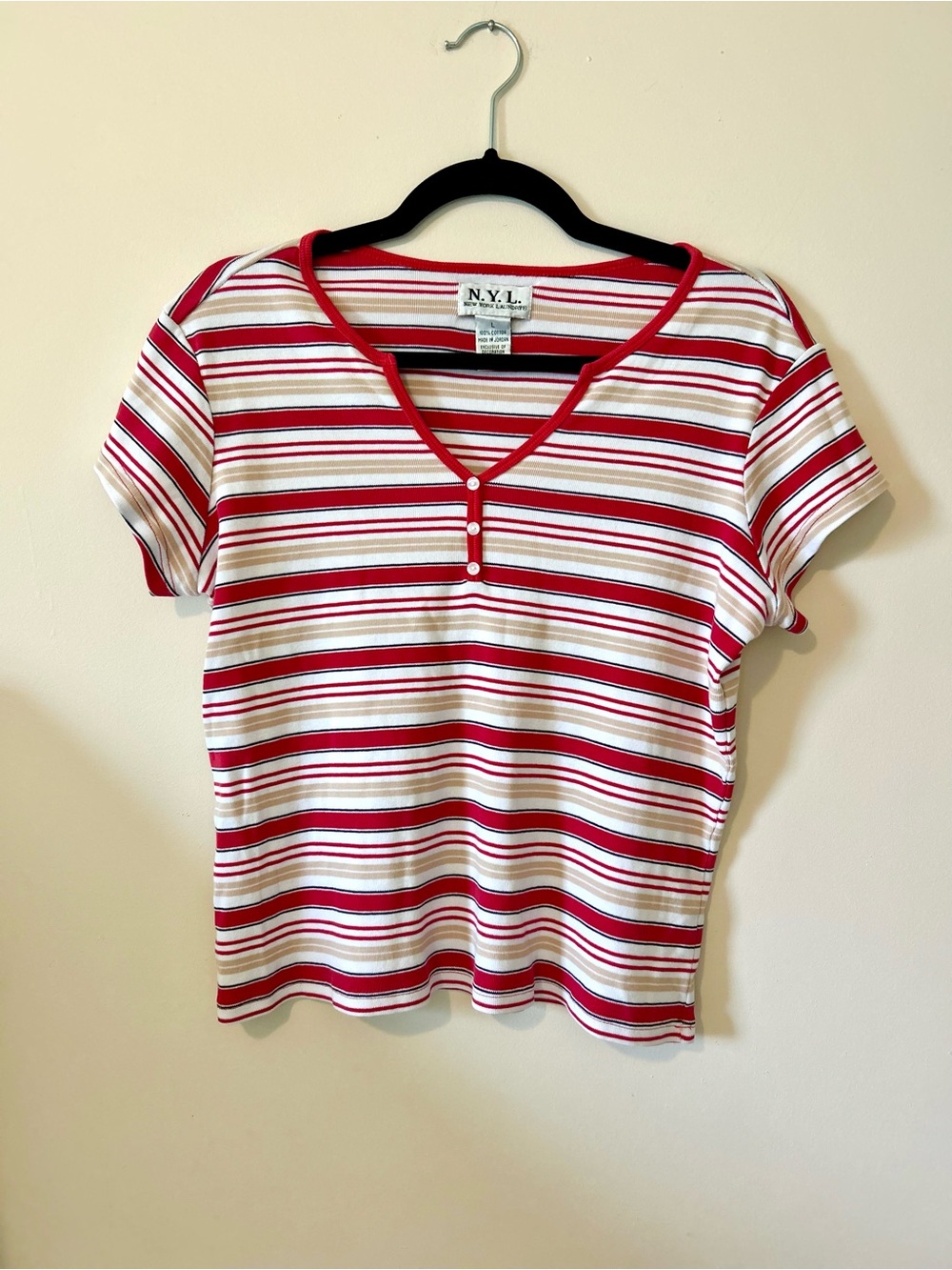 Vintage New York Laundry Striped Henley V-Neck Top L 100% Cotton